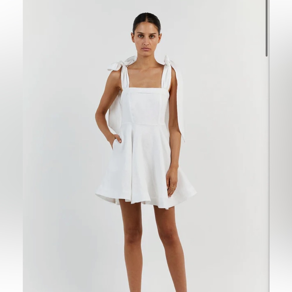 AISLE WHITE LINEN BOW MINI DRESS DIISH BRIDAL